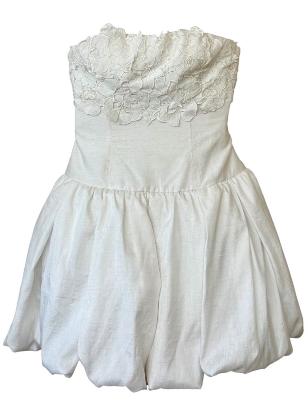 BHLDN Anthropologie Strapless Floral Applique Bubble Hem White Mini Dress 4 - Picture 4 of 16
